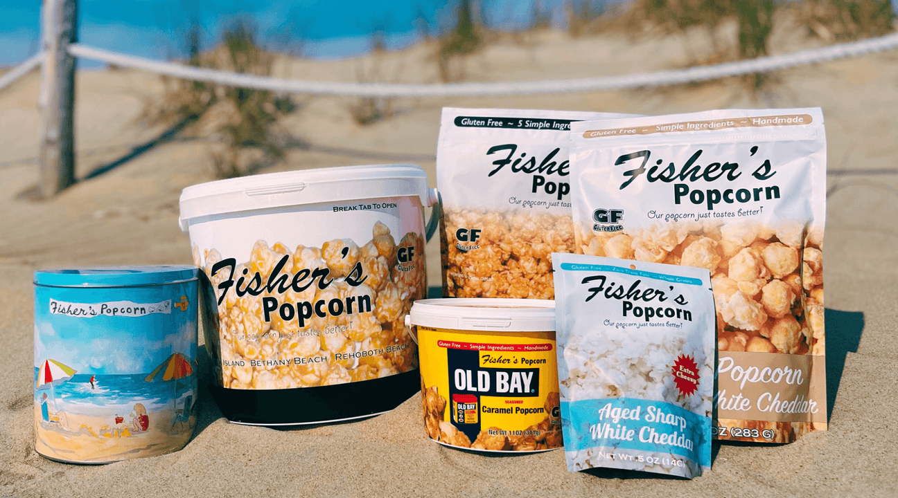Fisher’s popcorn bags and tubs and tins on ocean city beach