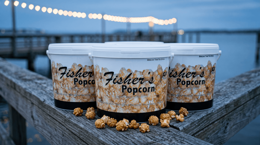 Four buckets of Fishers Popcorn sit on a wooden railing with caramel popcorn pieces in front, against a blurred background of water, docks, and string lights at dusk.