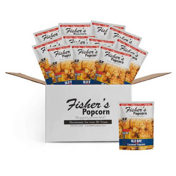 Fishers popcorn caramel popcorn in stand up pouches or bags sold by the case