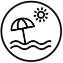 A simple black and white line drawing of a beach scene with a sun, an umbrella, and waves, all enclosed within a circle.
