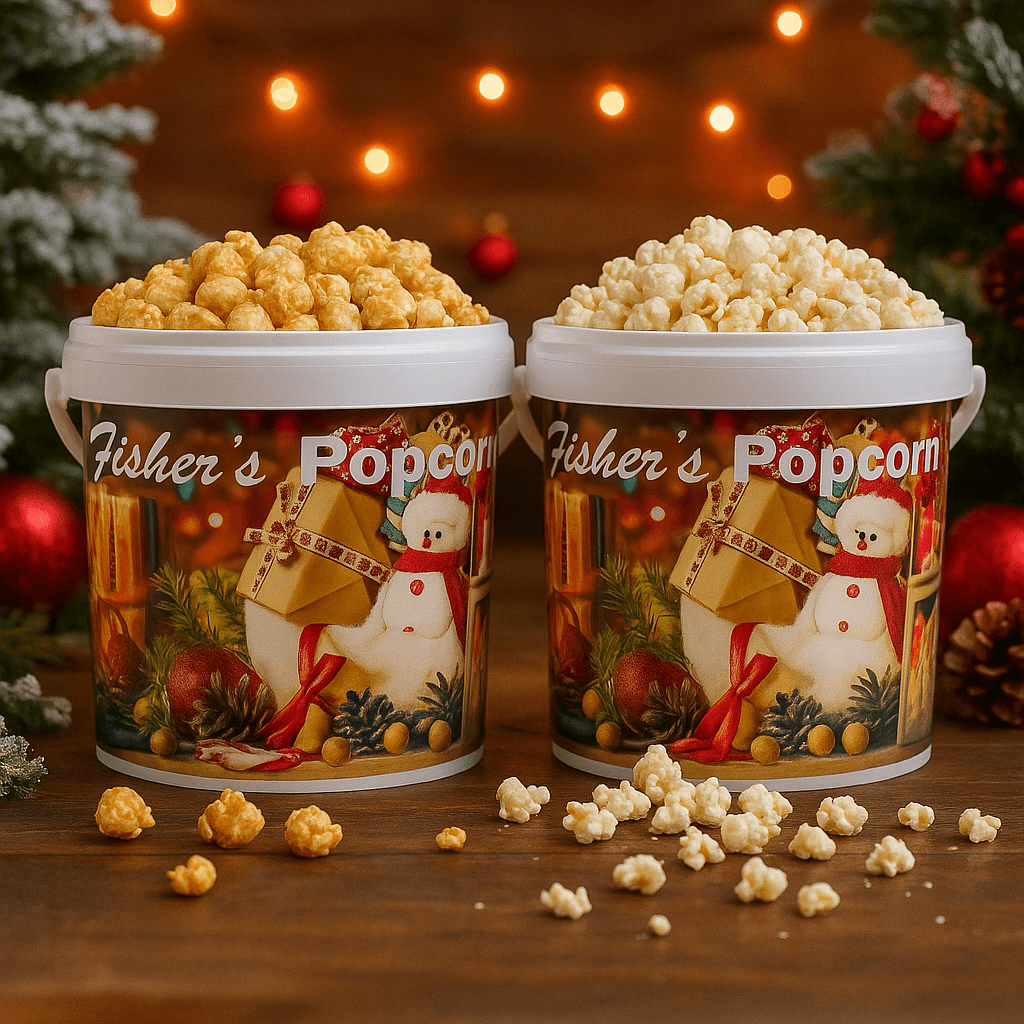 Two XXL Holiday Tubs from BYOB—one caramel, one butter—sit on a festive table with string lights, making the perfect 2 Pack popcorn gift for the season.