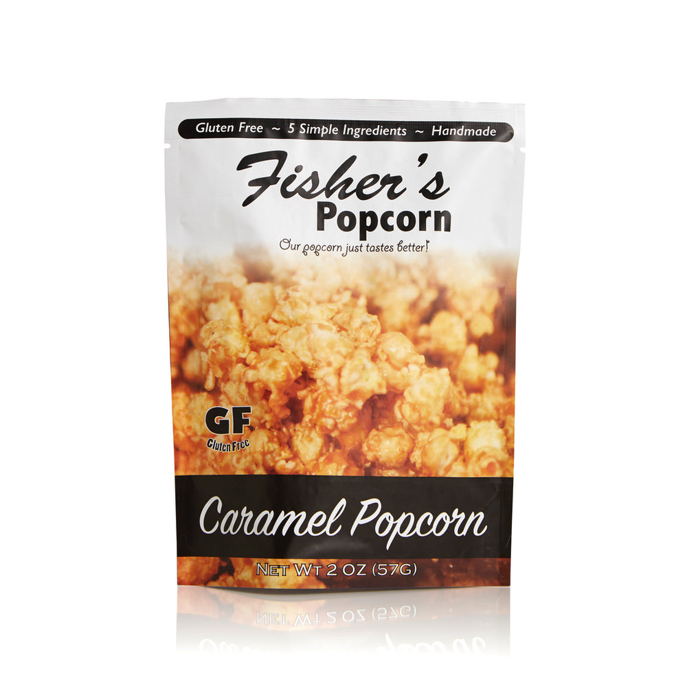 Fisher's Popcorn 6 Pack Small Caramel Bags are gluten-free, handmade, and feature caramel-coated popcorn made with 5 simple ingredients—a delicious grab-and-go treat.