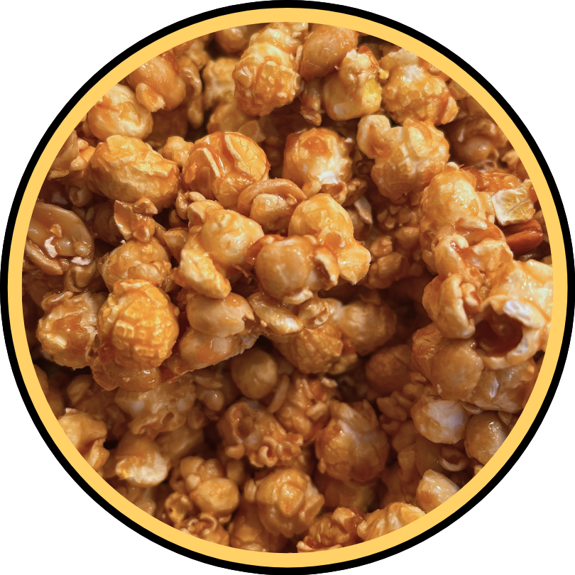 Close-up of Fisher's Popcorn Caramel Peanut bundle inside a circular frame with a yellow and black border. Each popcorn piece is coated in a shiny caramel glaze.