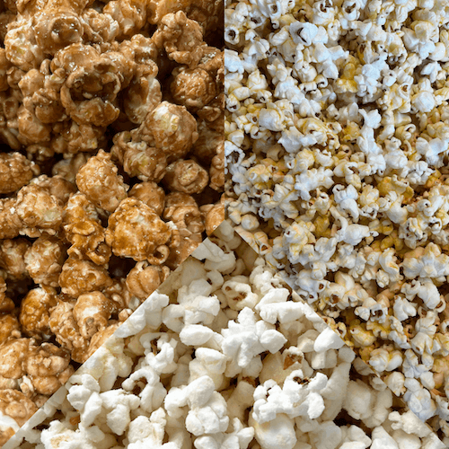 Close-up of Fisher’s Popcorn Tubs: original caramel on the left, cheese on the top right, and plain buttered on the bottom right—each flavor divided by diagonal lines, reminiscent of a vintage popcorn tub. Brand: Fisher's Popcorn.