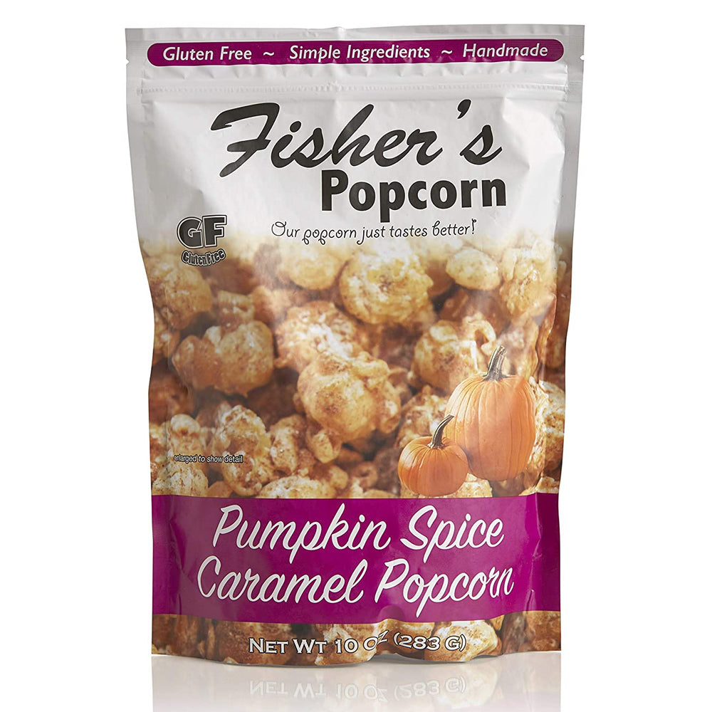 A large bag of Fisher’s Popcorn Pumpkin Spice Caramel Popcorn showcases pumpkin graphics and highlights gluten-free, handmade popcorn made with simple ingredients on family-sized packaging.