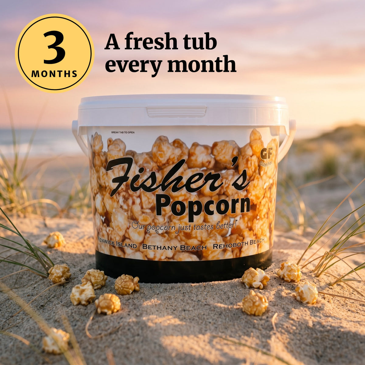 Popcorn of the Month Club, 3 months: a Fisher's Popcorn caramel tub on a Delaware beach dune at sunset