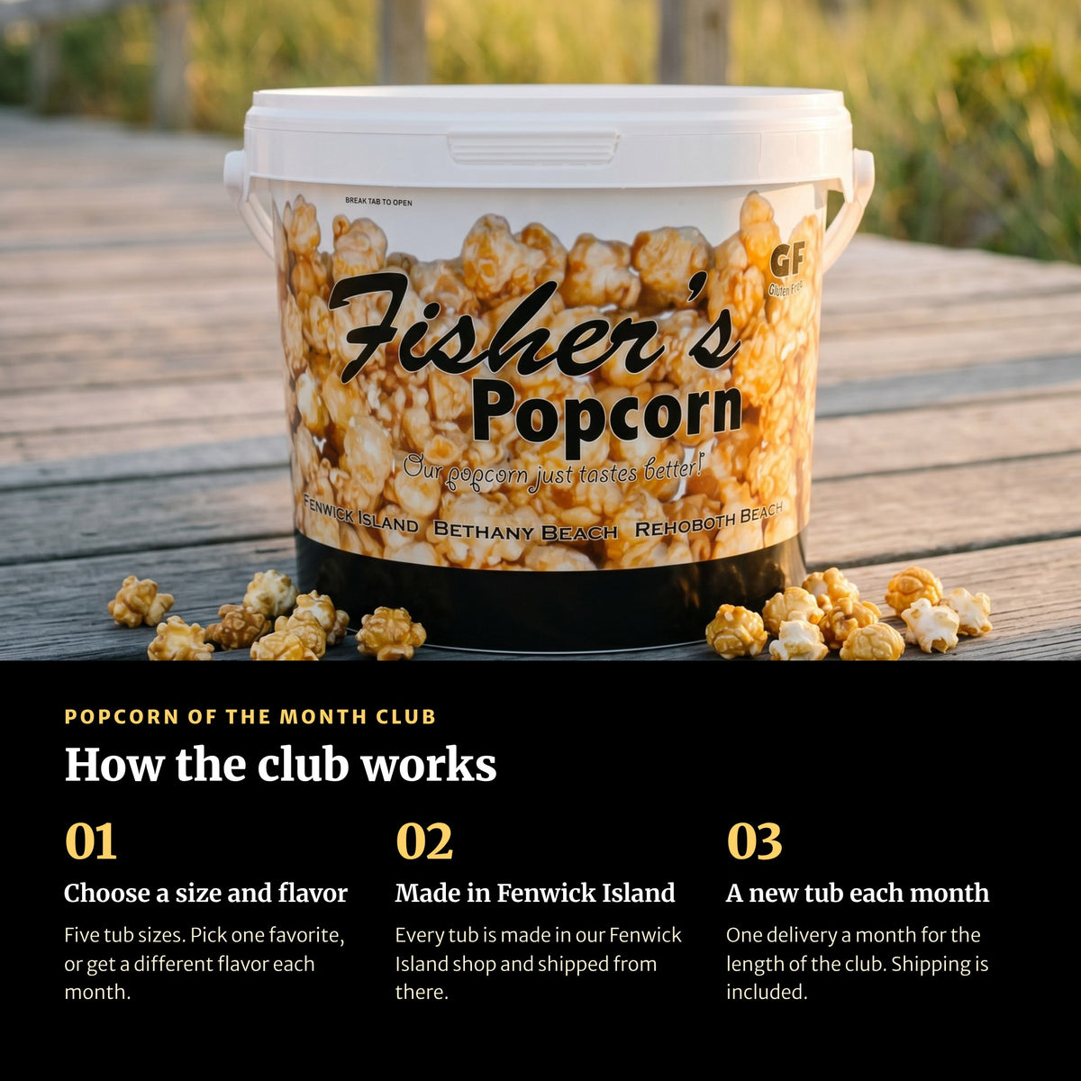 How the Fisher's Popcorn of the Month Club works: choose a size and flavor, made in Fenwick Island, a new tub each month