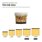 Fisher's Popcorn tub sizes drawn to scale: 1/2 gallon, 1 gallon, 1.5 gallon, 2.5 gallon and 3.5 gallon