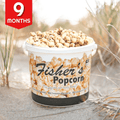 A Fisher's Popcorn "Popcorn of the Month Club (9 Month)" bucket rests on sandy ground among dune grass, featuring popcorn and beach names—ideal for your Fisher's Popcorn subscription. A red badge at the top left reads "9 Months.