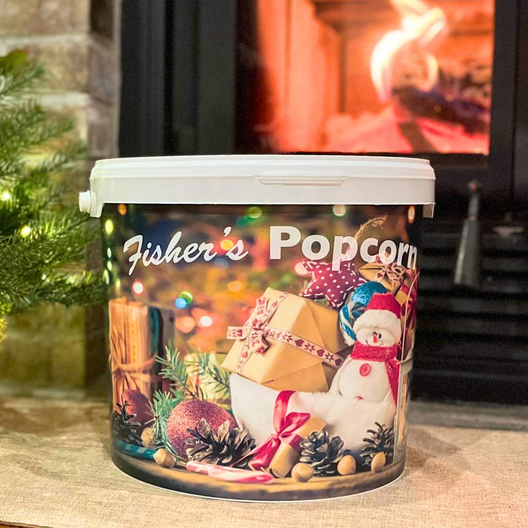 Fisher's Popcorn XXL tub in the limited-edition Christmas print — everyday XXL orders currently ship in this festive tub.