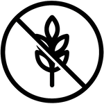 A black and white symbol of a wheat stalk inside a circle with a diagonal line through it, indicating a gluten-free or no wheat message.