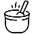 A simple black and white line drawing of a bowl with a spoon inside and lines above, indicating something hot or being mixed.