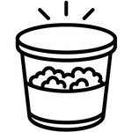 Black and white line drawing of a bucket filled with fried chicken or popcorn, with three lines above the lid suggesting emphasis or excitement.