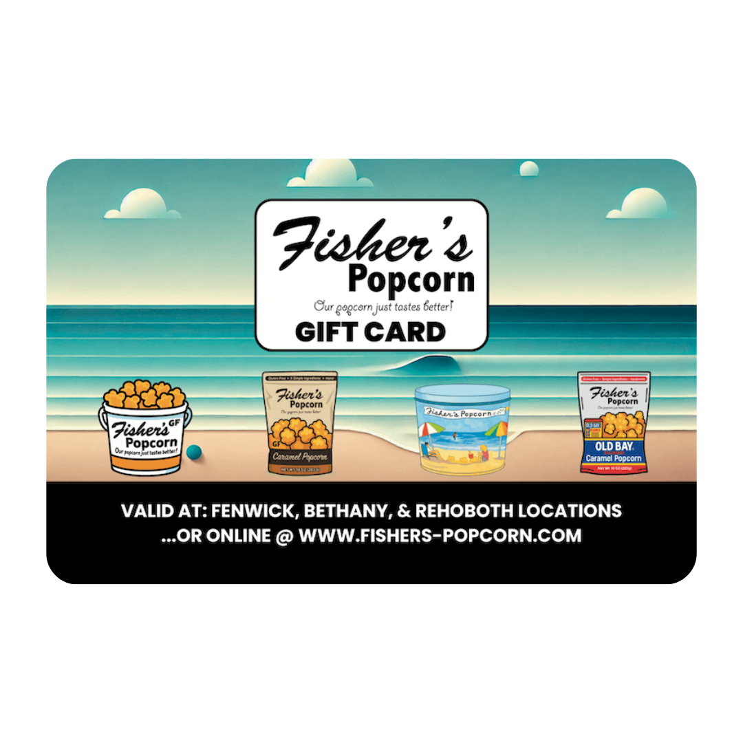 Loopz Gift Cards offers the Fisher’s Popcorn Gift Card (Digital)—redeemable for delicious popcorn tubs and boxes. Shop online at www.fishers-popcorn.com and enjoy the taste of the beach from home!.