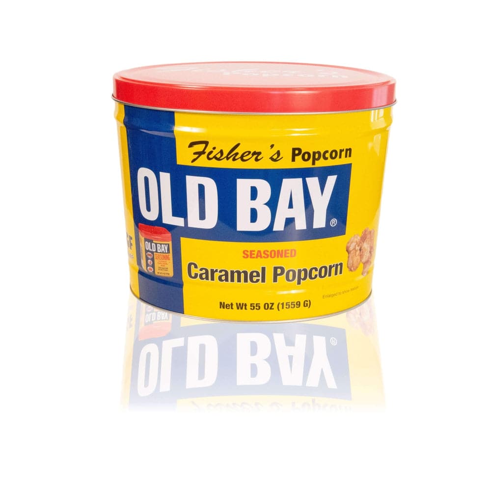 A large yellow and blue 2 Gallon OLD BAY® Tin from Fisher's Popcorn with a red lid, featuring images of popcorn on the front. This limited edition holds 55 oz (1559 g) of gourmet caramel popcorn.