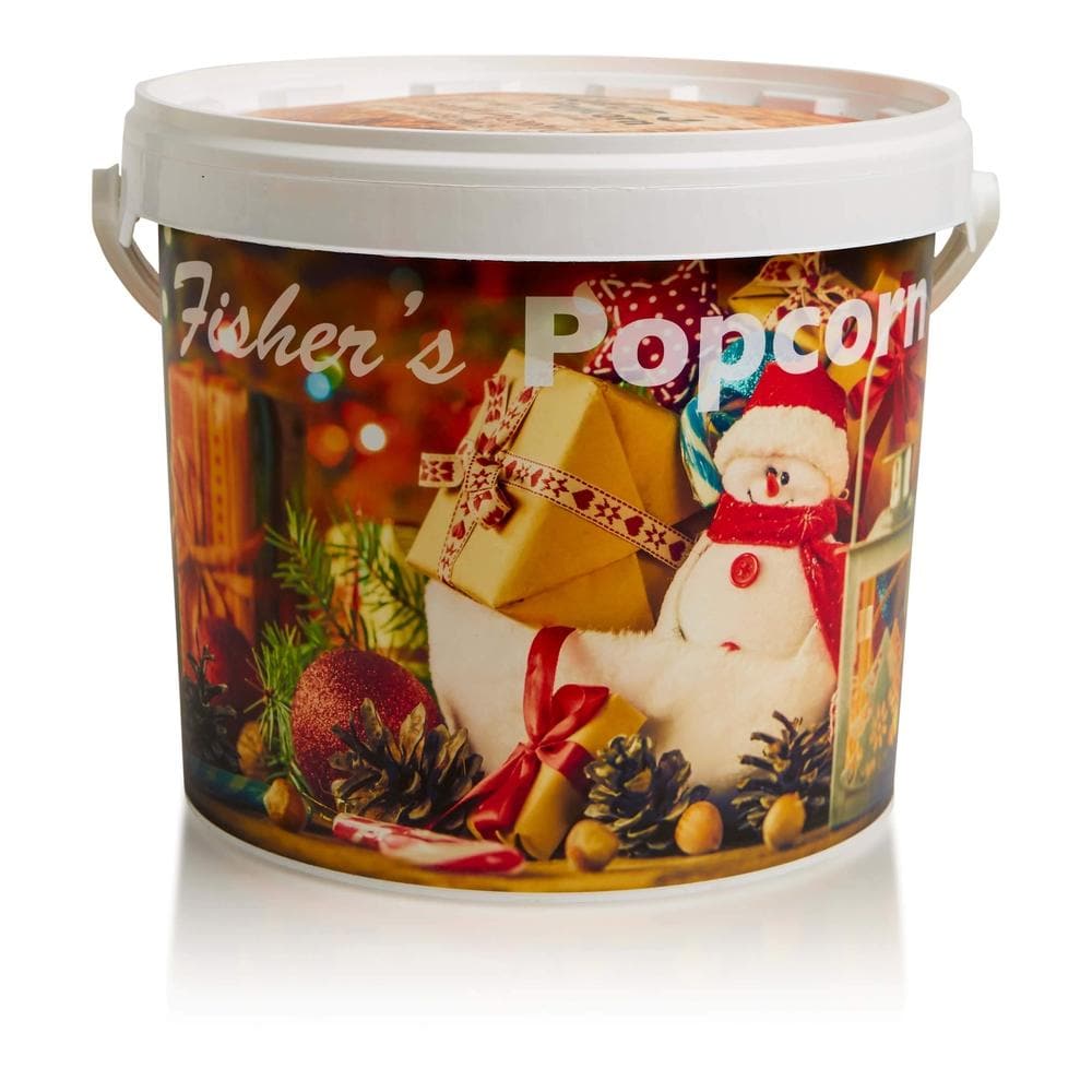 Fisher's Popcorn Holiday Tubs by Fisher's Popcorn feature festive snowman, pinecones, gifts, ornaments, and greenery. Each tub has a white lid and handle, making it the perfect cheerful holiday gift to share the season’s joy.
