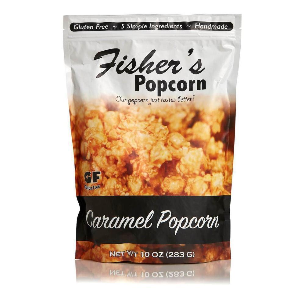 Fisher’s Popcorn Large Popcorn Bags are gluten free, handmade caramel popcorn made with 5 simple ingredients. Packed in a resealable 10 oz (283 g) bag featuring an image of caramel popcorn on the packaging.