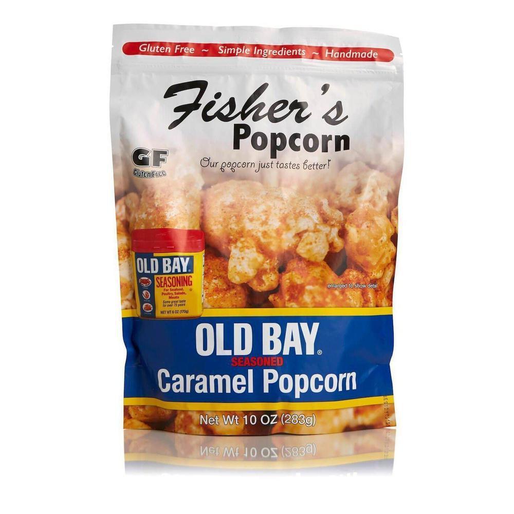 Enjoy Fisher's Popcorn Large Popcorn Bags—10 oz of Old Bay seasoned caramel popcorn. This family size, resealable bag features gluten free, handmade popcorn with simple ingredients and caramel popcorn pictured on the packaging.