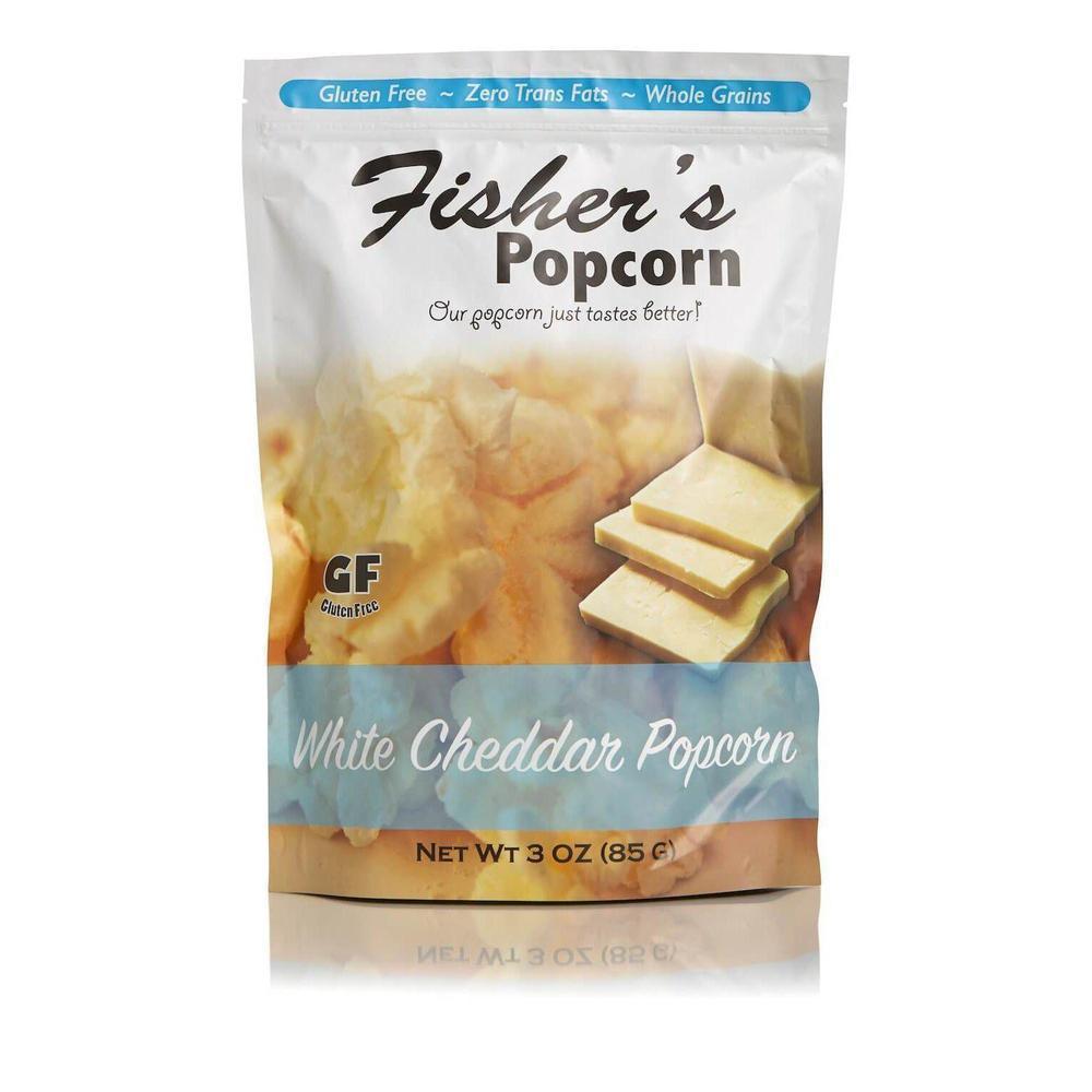 A 3 oz (85 g) Fisher's Popcorn Large Popcorn Bag in White Cheddar flavor with cheese slice images, highlighting gluten-free, zero trans fats, and whole grains. Resealable for freshness.